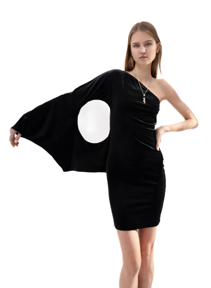 Velvet One-Shoulder Short Dress In Black