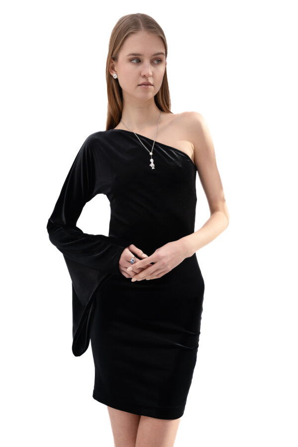 Velvet One-Shoulder Short Dress In Black