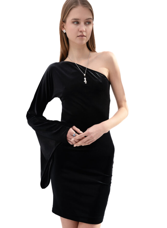 Velvet One-Shoulder Short Dress In Black