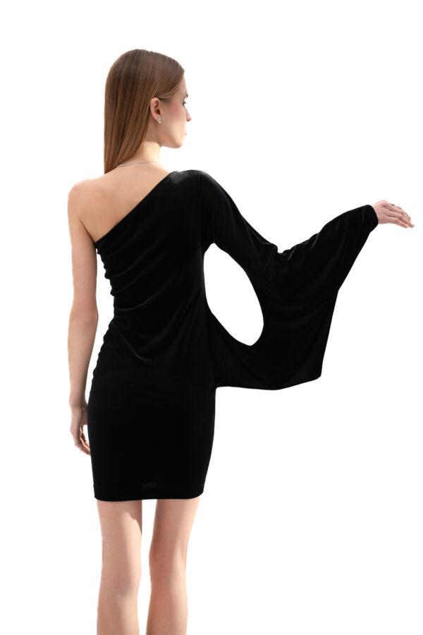 Velvet One-Shoulder Short Dress In Black - Image 4