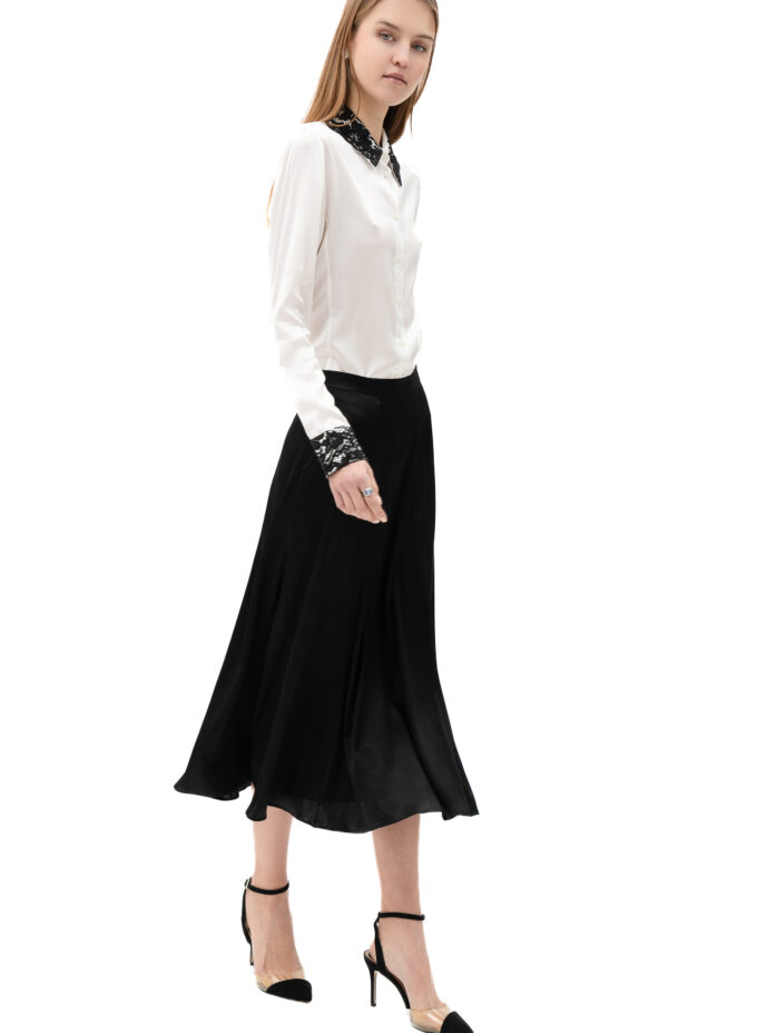Silk Shirt with Black Lace Details In White