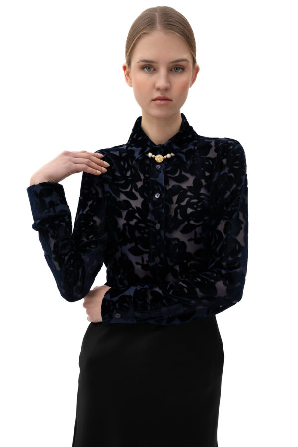 Velvet Burnout Semi Sheer Shirt In Midnight Blue