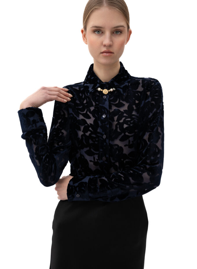 Velvet Burnout Semi Sheer Shirt In Midnight Blue