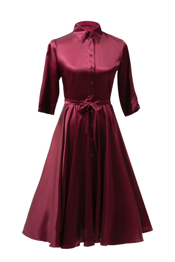 Silk Flared Shirt Dress in Bordo - Image 5
