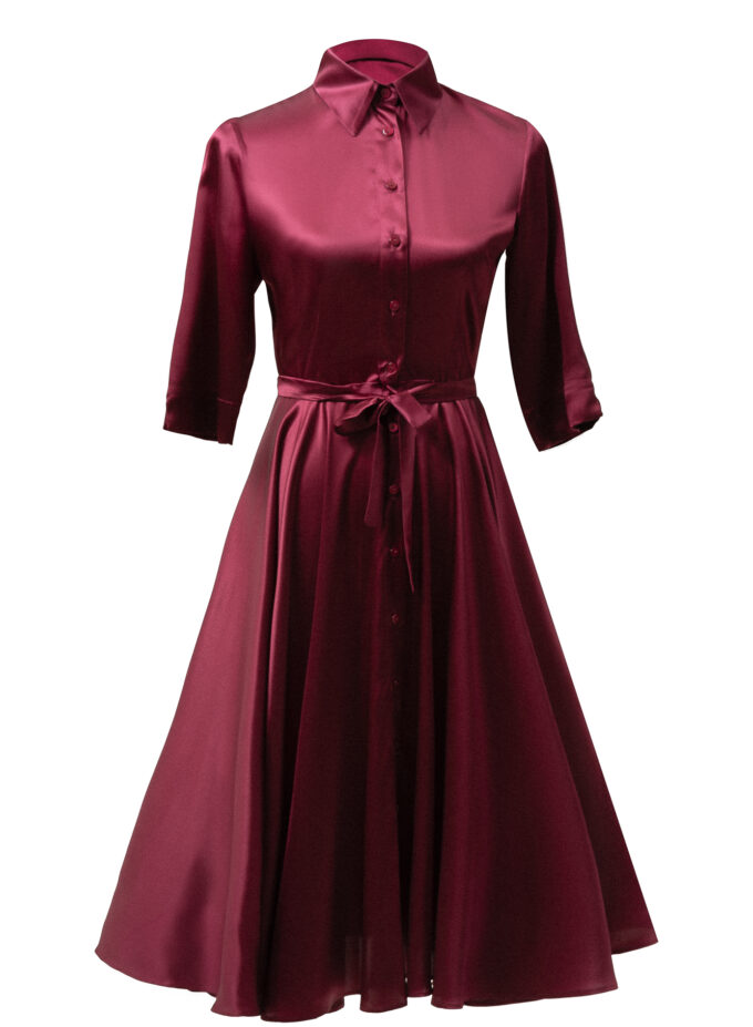 Silk Flared Shirt Dress in Bordo