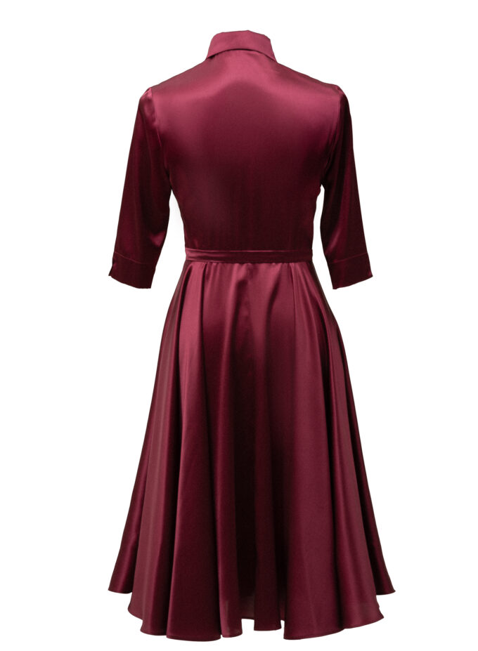 Silk Flared Shirt Dress in Bordo