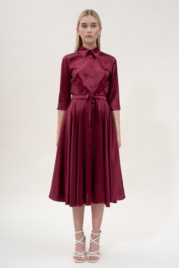 Silk Flared Shirt Dress in Bordo