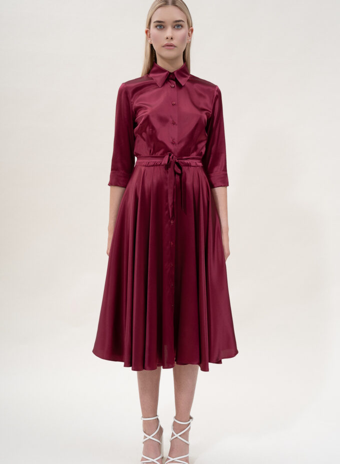 Silk Flared Shirt Dress in Bordo