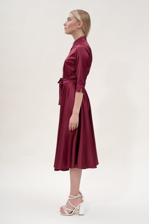 Silk Flared Shirt Dress in Bordo - Image 3