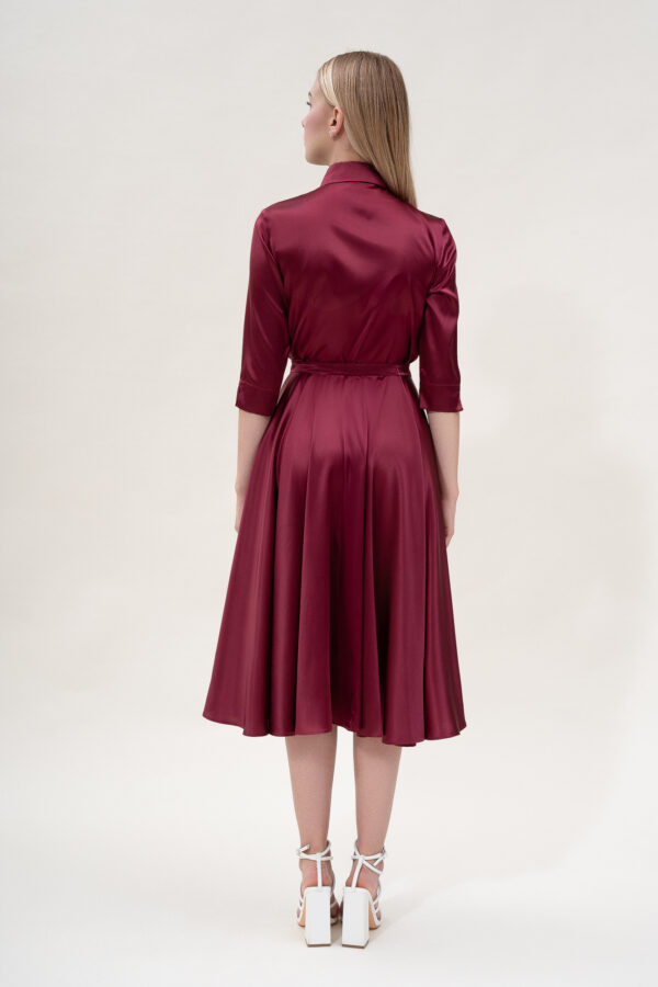 Silk Flared Shirt Dress in Bordo - Image 4