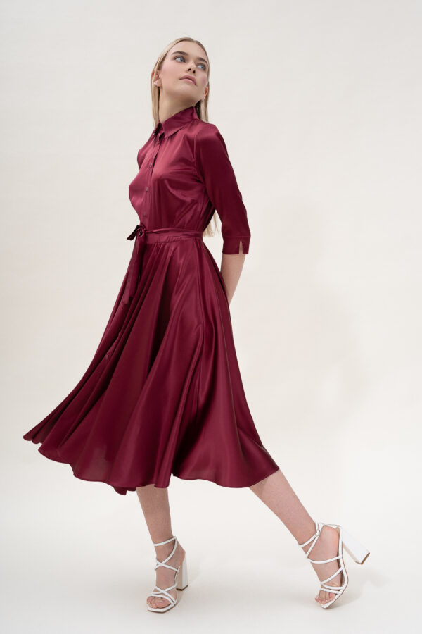 Silk Flared Shirt Dress in Bordo - Image 2