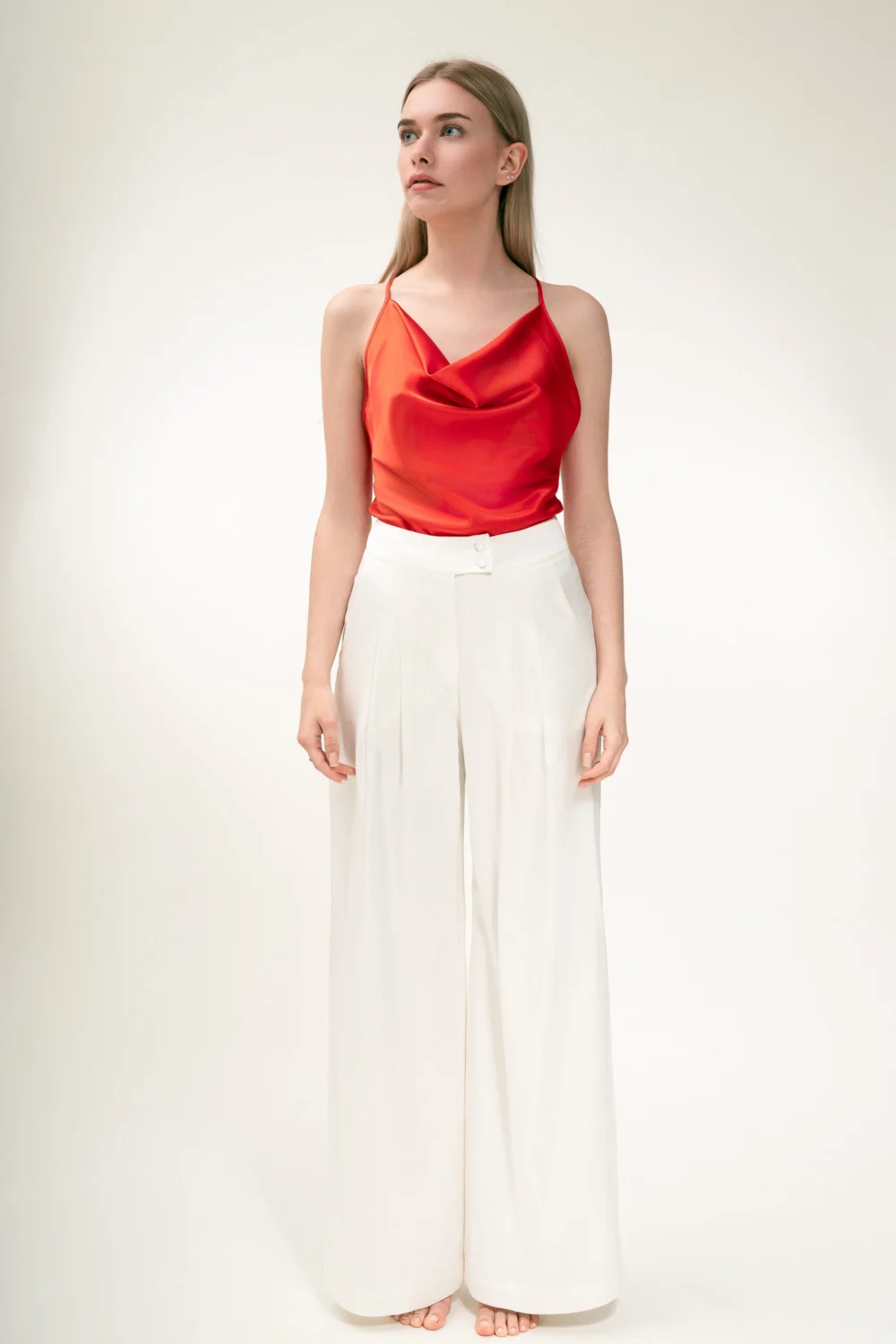 Incantevole Milano Spring Summer 2025 — red silk top with ivory trousers